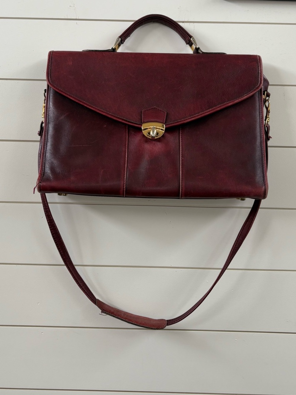 Vintage Burgundy Leather Briefcase with Top Handle and Shoulder Strap